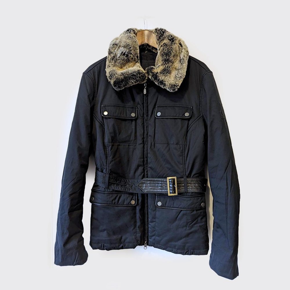 BELSTAFF - Silver fur collar belted jacket - Sz 50